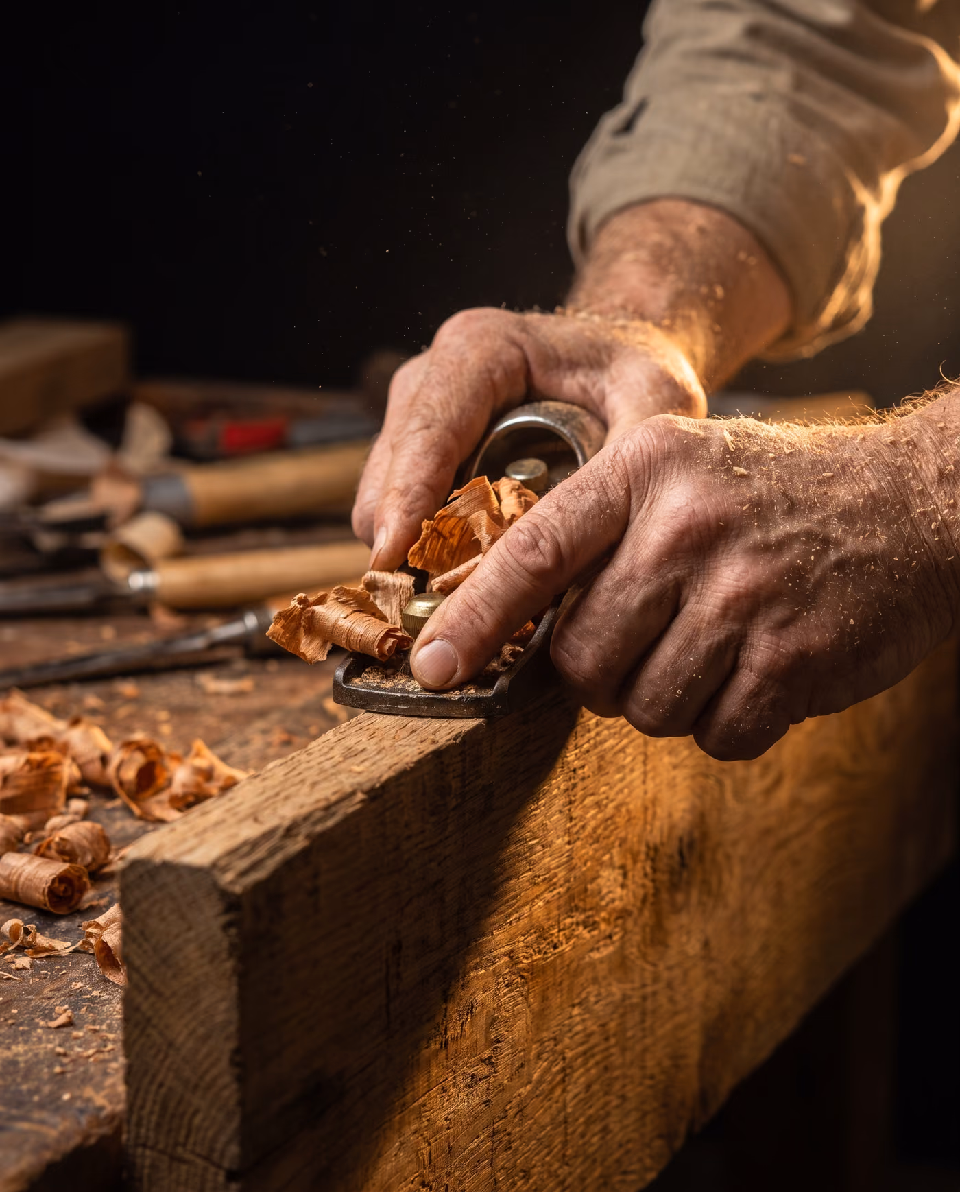 A carpenter hand-planing the edge of an oak board, shavings curling off the blade